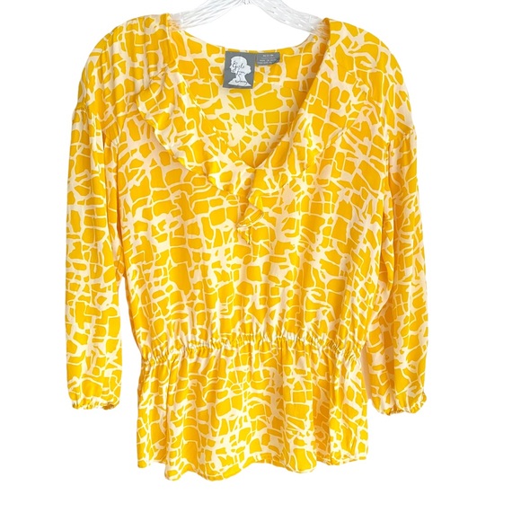 Anthropologie Tops - 100% Silk Anthropologie Girls from Savoy Yellow White Print Blouse Size Medium